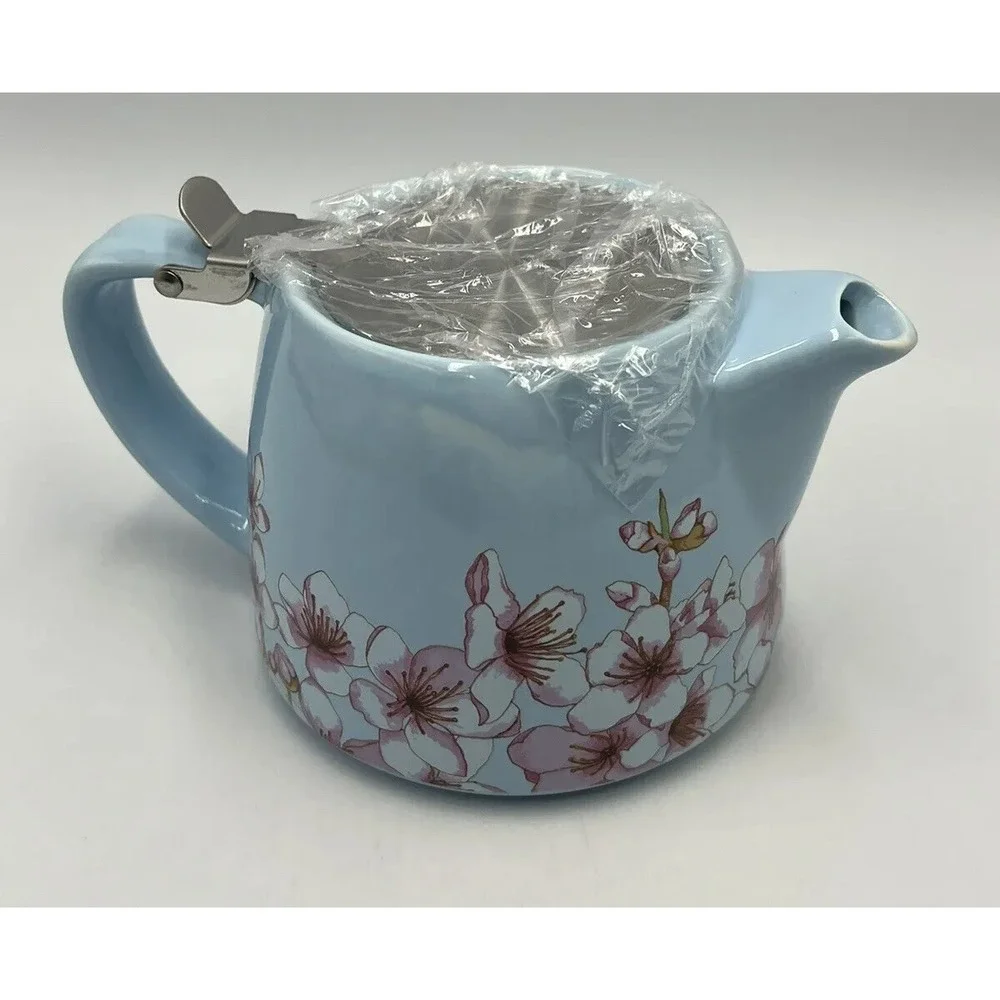 Vtg Alfred Tea Room Teapot Ceramic Stainless Steel Blue Cherry Blossoms New Box